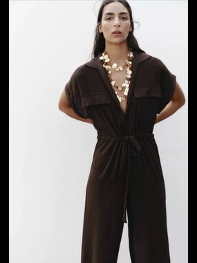 ZARA NEW ❕FLOWY WIDE LEG JUMPSUIT SIZE MEDIUM COLOR CHOCOLATE REF 0264/208
